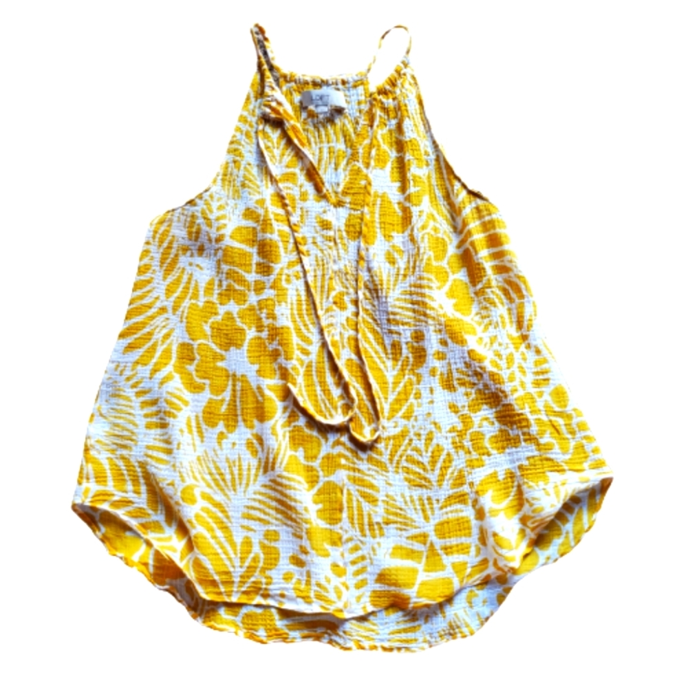 LOFT Mustard Yellow Floral Print Flowy Tank Top Tie Neck Boho Summer Size L